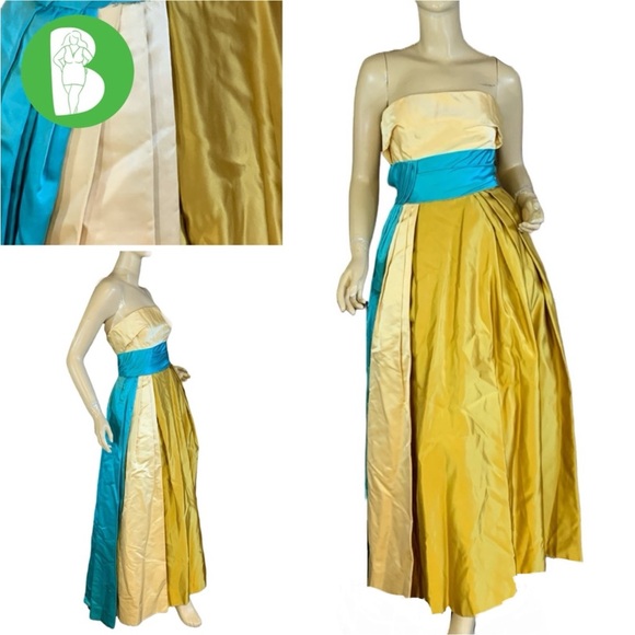 Vintage Dresses & Skirts - VINTAGE CIRCA 1960 CREAM, GOLD & TURQUOISE STRAPLESS SATIN FORMAL DRESS (XS)